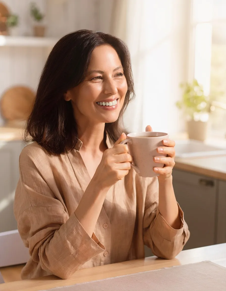 Woman smiling with a cup of tea in a sunlit kitchen