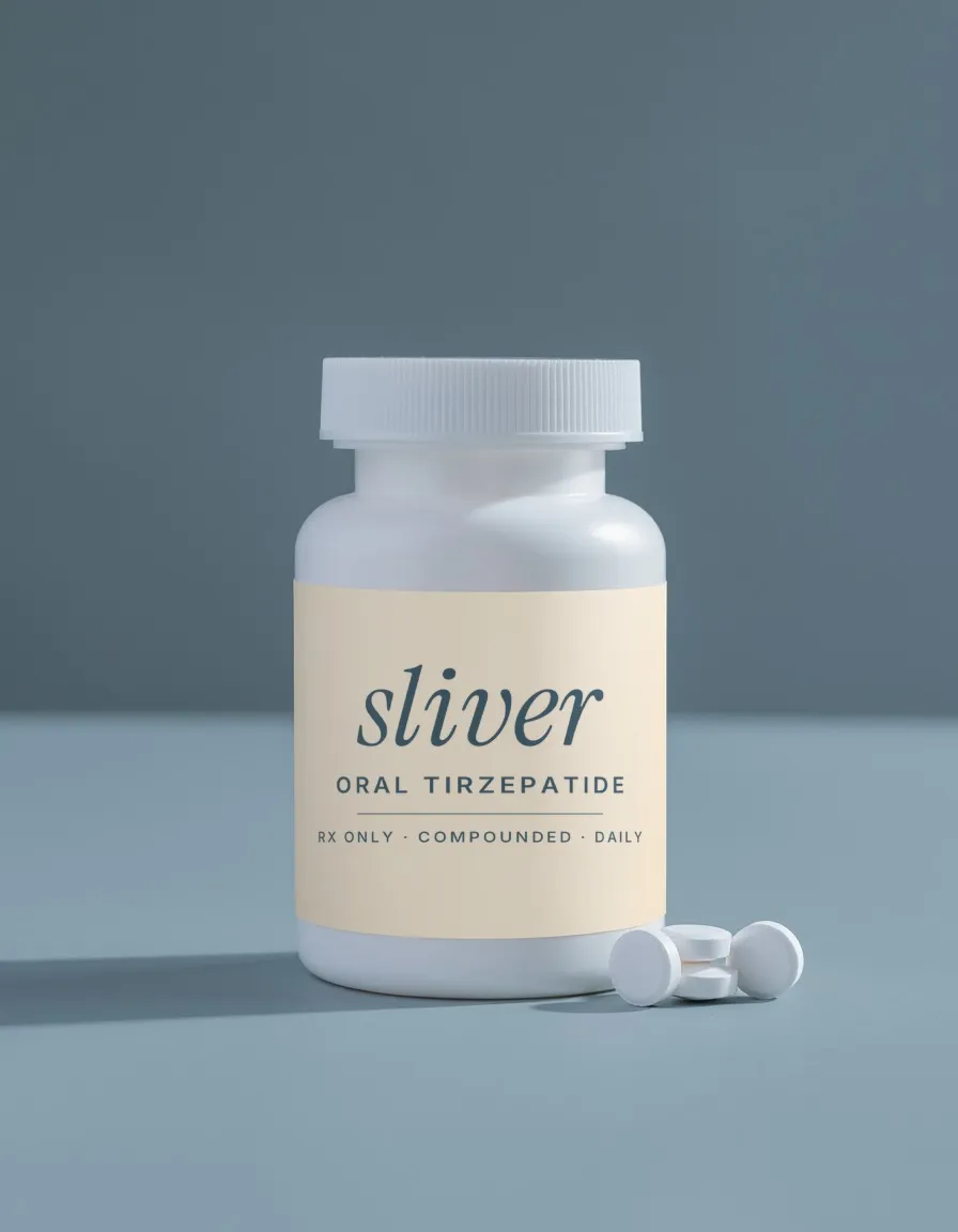 Sliver oral tirzepatide bottle with tablets
