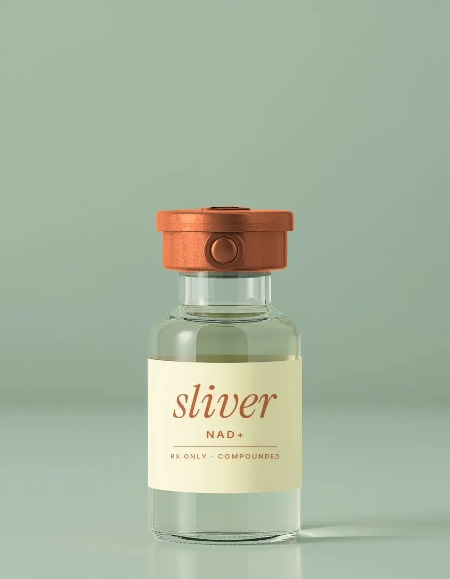 Sliver NAD+ vial on a sage background