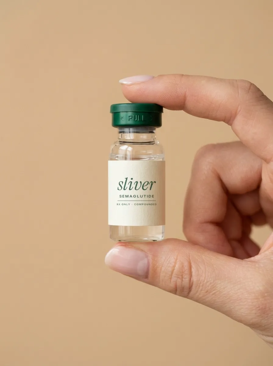 Fingers holding a Sliver semaglutide vial