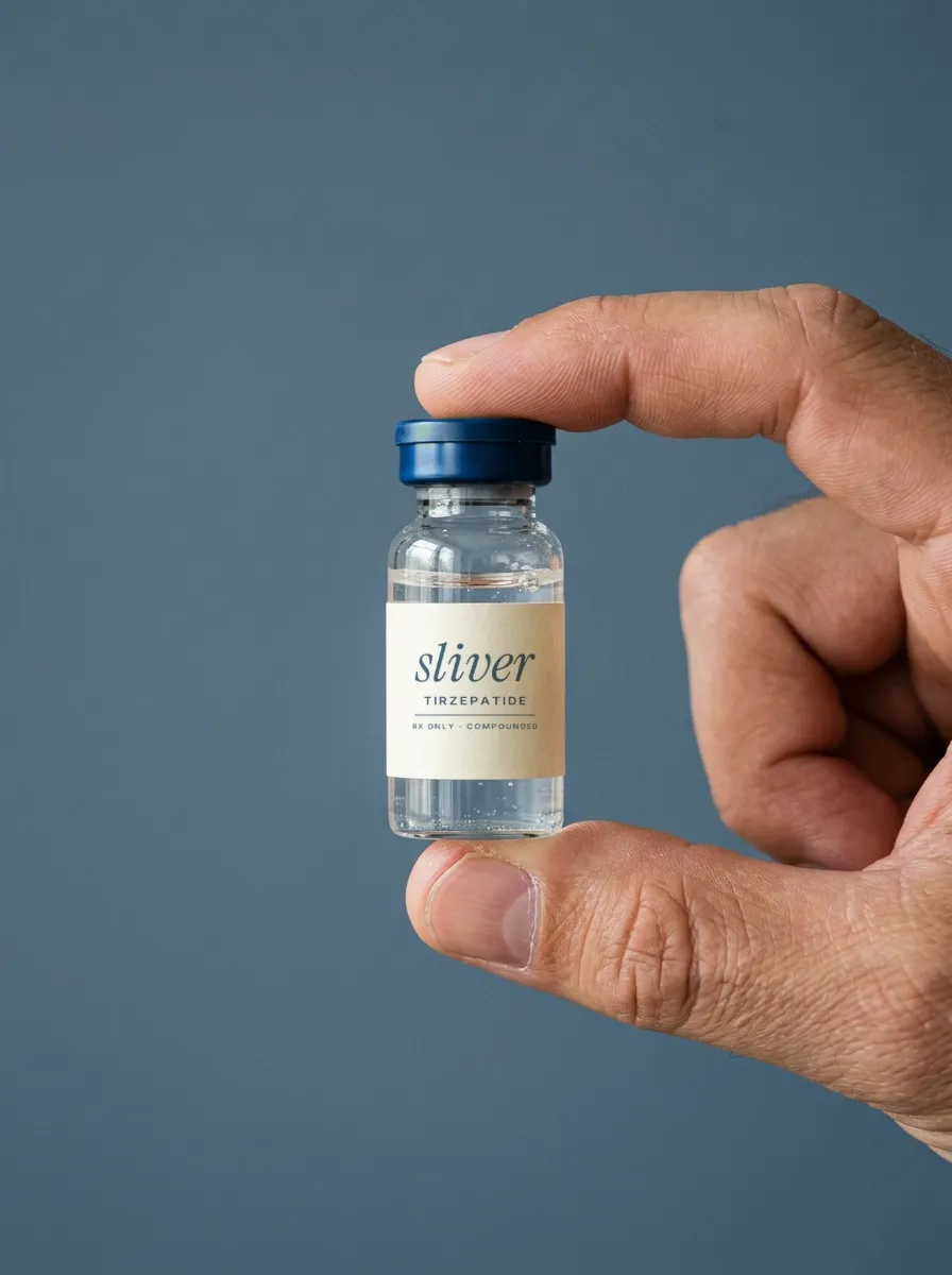 Fingers holding a Sliver tirzepatide vial